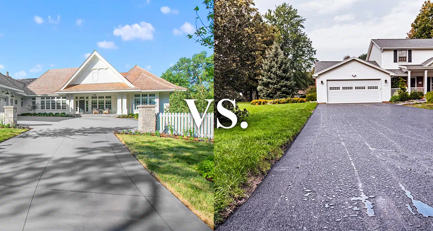 Side-by-side comparison of a concrete driveway and an asphalt driveway in front of two suburban homes
